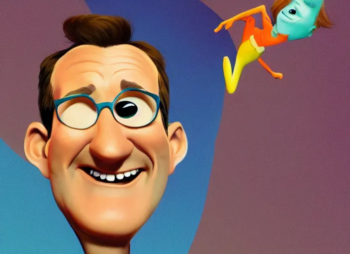 Image similar to pixar cartoon character of robin williams being happy. style by petros afshar, christopher balaskas, goro fujita, and rolf armstrong.