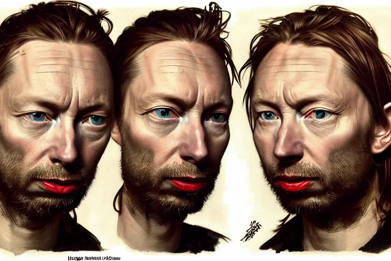 Image similar to hyper realistic portrait of wider faced thom yorke, bigger nose, bigger forehead, bigger chin, on a stage, by lee bermejo, alphonse mucha and greg rutkowski