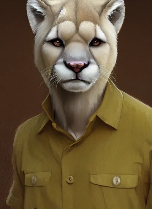 Prompt: Character portrait of a smiling furry anthro albino mountain lion wearing a yellow button-down shirt and olive green slacks in the desert wilderness, intricate, elegant, highly detailed, digital painting, artstation, concept art, smooth, sharp focus, illustration, art by Krenz Cushart and Artem Demura and alphonse mucha