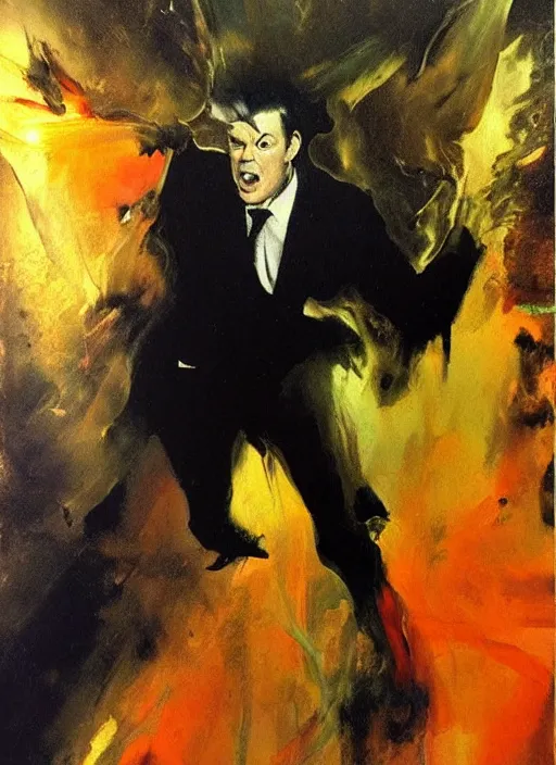 Image similar to bill o'reilly screaming, painting by phil hale, fransico goya,'action lines '!!!, graphic style, visible brushstrokes, motionb blur, blurry, visible paint texture, crisp hd image