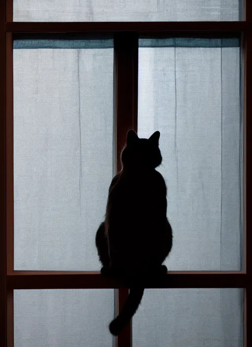 Prompt: a cat silhouette behind a transparent window curtain sill