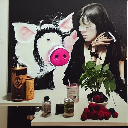 Image similar to “ a portrait in a female art student ’ s apartment, sensual, a pig theme, dreamy, art supplies, paint tubes, ikebana, herbs, a candle dripping white wax, black walls, squashed berries, berry juice drips, acrylic and spray paint and oilstick on canvas, surrealism, neoexpressionism ”