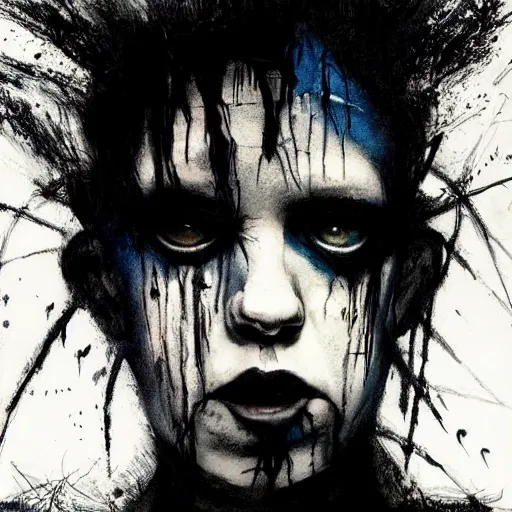 Image similar to gaunt ( the cure fan ) as dream from sandman, dim stars as eyes, by jeremy mann, by cedric peyravernay, by by russ mills, by richard avedon and ben templesmith, dramatic lightning, sadness, dark eye sockets, in the shadows, punk rock, gothic, high detailed, 8 k