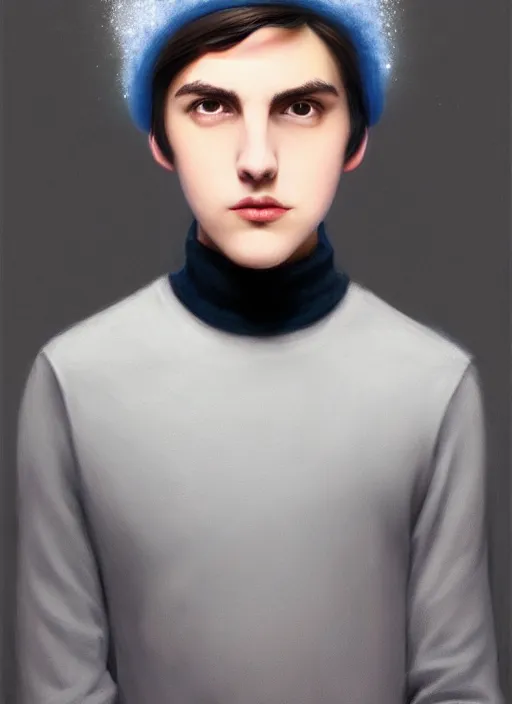 Image similar to portrait of teenage jughead jones wearing a light grey crown, crown, blue turtleneck, closed eyes, photorealistic, black hair, glowing lighting, intricate, elegant, glowing lights, highly detailed, digital painting, artstation, concept art, smooth, sharp focus, illustration, art by wlop, mars ravelo and greg rutkowski