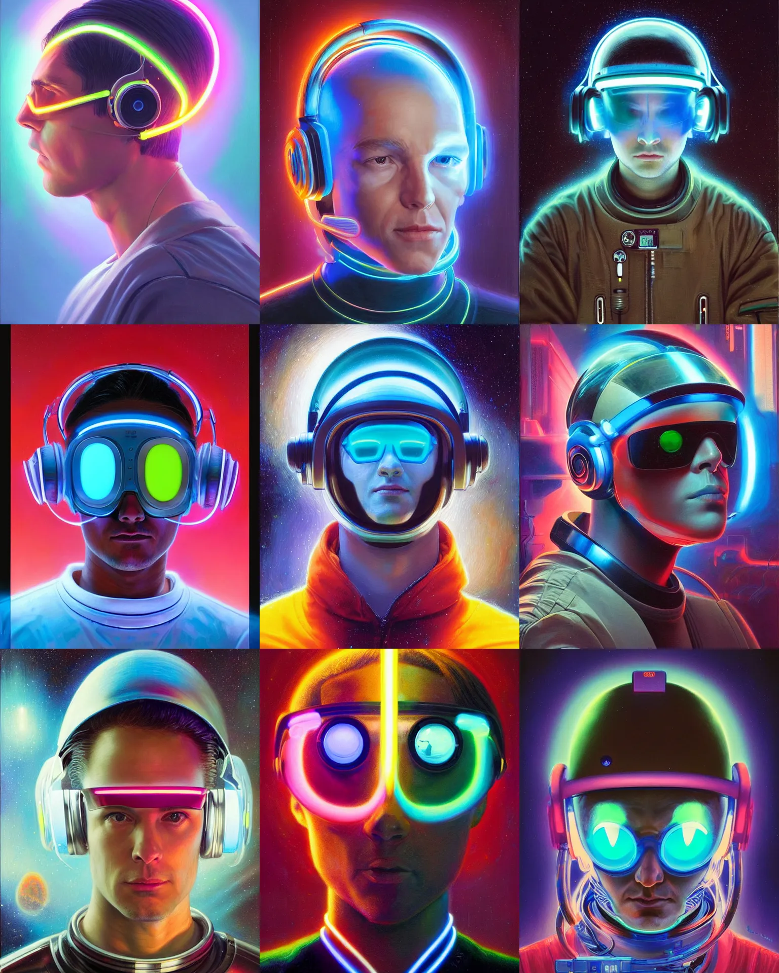 Prompt: future coder, glowing visor over eyes and sleek neon headphones headshot desaturated profile portrait painting by donato giancola, dean cornwall, rhads, tom whalen, alex grey astronaut cyberpunk electric fashion photography