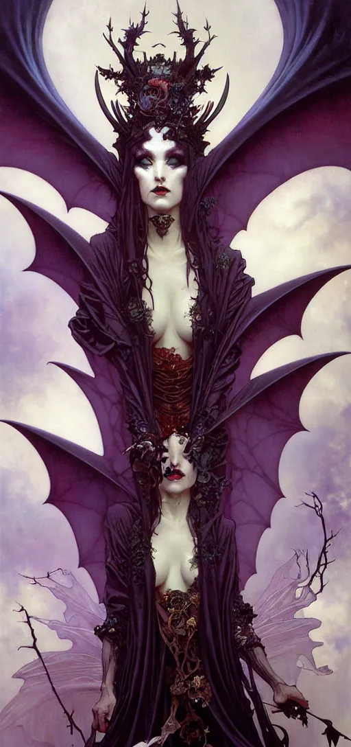 Image similar to close up painting a beautiful vampire queen in gothic robes with bat wings, by nekro, peter mohrbacher, alphonse mucha, brian froud, yoshitaka amano, kim keever, victo ngai, james jean