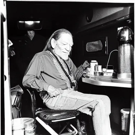 Image similar to willie nelson having a smoke in his trailer.