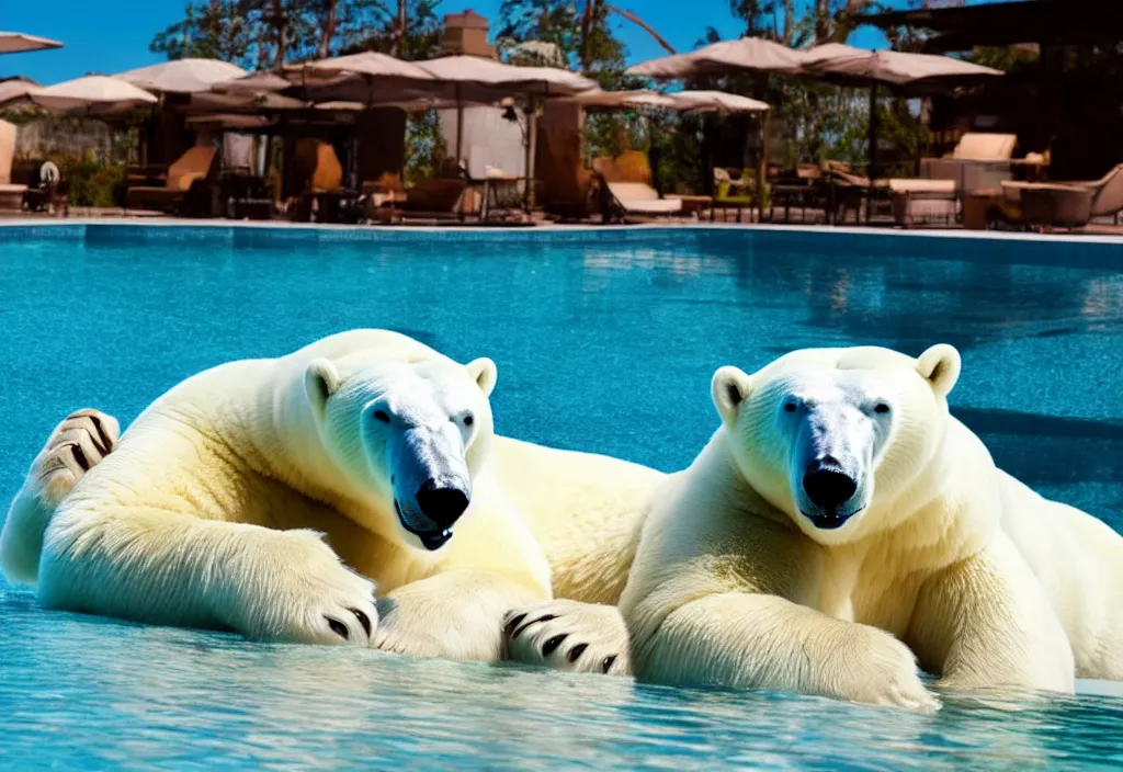 Prompt: lounging reclining polar bear eating mutton chop by the pool, sunglasses, commercial, 8 k hdr hyperrealistic