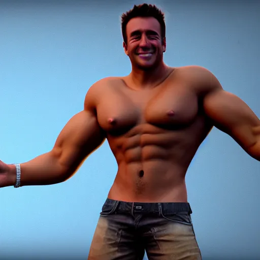 Image similar to concept art of billy herrington from Gachimuchi full round face, short smile, golden hour, medium shot, mid-shot, highly detailed, trending on Artstation, Unreal Engine 4k