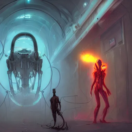 Image similar to humanoid yellow electric ghostly transparent lightning elemental wearing red and blue sci-fi goggles, haunted spaceship hallway, sci-fi artwork, horror, 8k, concept art, dramatic pose, art by artgerm and concept art by pete mohrbacher and seb mckinnon and beksinski and josan gonzales, close shot, trending on artstation, creepy atmosphere, highly detailed, intricate, digital art