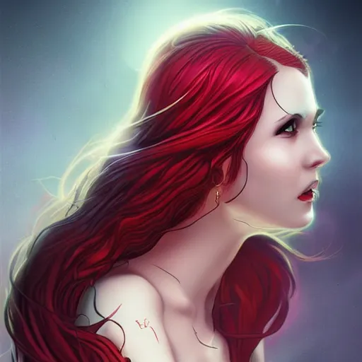 Prompt: princess of darkness, style of moebius, artgerm, james jean, piercing eyes, long glowing red hair, cinematic, highly detailed, award winning