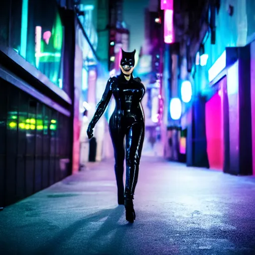 Prompt: catwoman in black latex suit walking through cyberpunk city, neon lights, wide long shot, 4 k, photography, cinematic