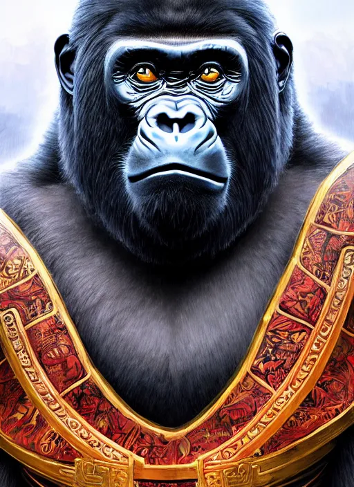 Prompt: stunning gorillas warrior portrait, full traditional chinese armor, art by artgerm, wlop, loish, ilya kuvshinov, tony sandoval. 8 k realistic, hyperdetailed, beautiful lighting, detailed background, depth of field, symmetrical face