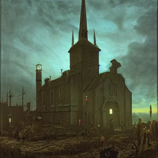 Image similar to zombies, innsmouth, fishing town, church, night, dramatic light, lovecraft, painted by caspar david friedrich