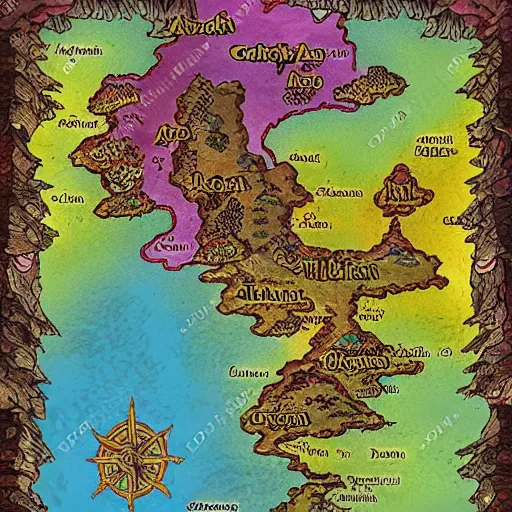 Prompt: fantasy world map, colourful, varying environments