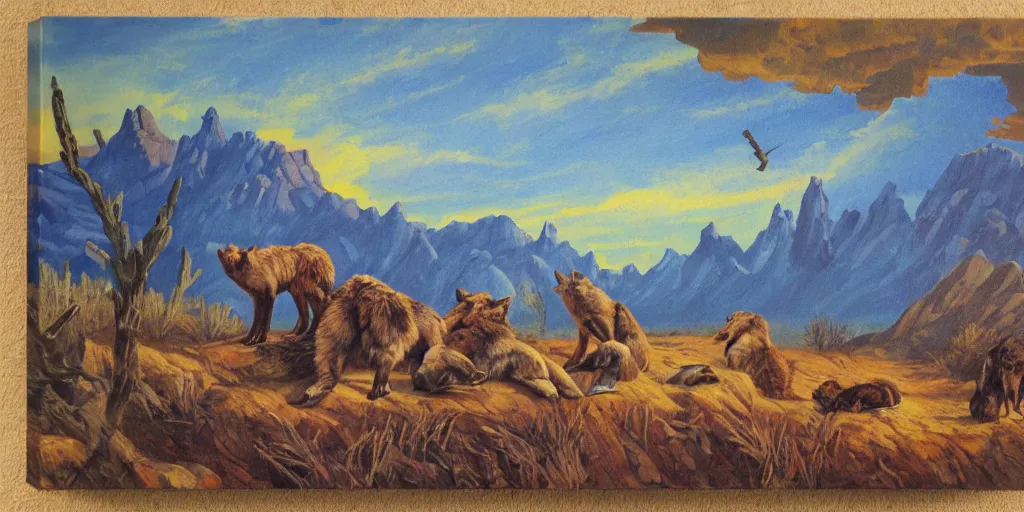 Prompt: old west desert landscape, eagle, bear, wolf and two foxes around campfire telling stories, oil paint on canvas art deco era