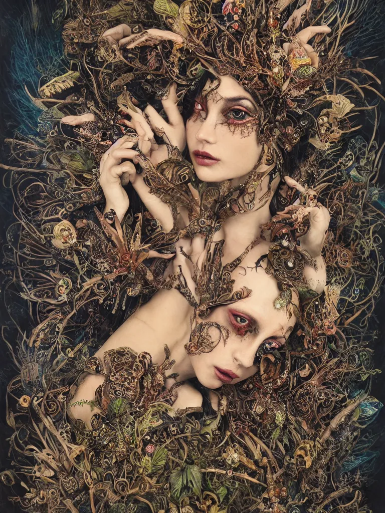 Prompt: a centered photo of a gorgeous dark tribal fairy with face tatoos wearing ornate and intricate jewellery made from sticks and feathers and leaves and jewels dancing through a mushroom forest, Photorealistic, Detailed, Realism, Fantasy, Voluemetric Lighting, Global Illumination, Subsurface Scattering, Photographic Color Scheme blur, by Karol Bak:10, by brian froud:5, by beeple:3, HD | trending on artstation
