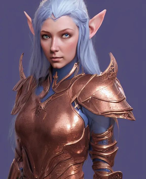 Image similar to a beautiful and highly detailed digital portrait of a dignified female elven paladin with blue hair in rose gold armor by clint cearley, centered, artsation contest winner, artstation hd, cgsociety, fantasy art, cryengine, concept art, photorealism, daz 3 d, sketchfab, zbrush, vray