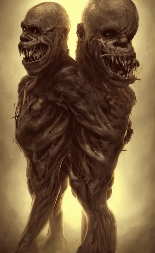 Image similar to full body portrait of of a two headed monster smiley creepily, dynamic lighting, photorealistic, fantasy concept art, ambient lighting, atmospherical, stunning visuals, creative, cinematic, ultra detailed, trending on art station