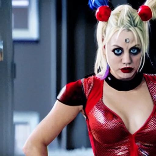 Image similar to A still of Kaley Cuoco as Harley Quinn