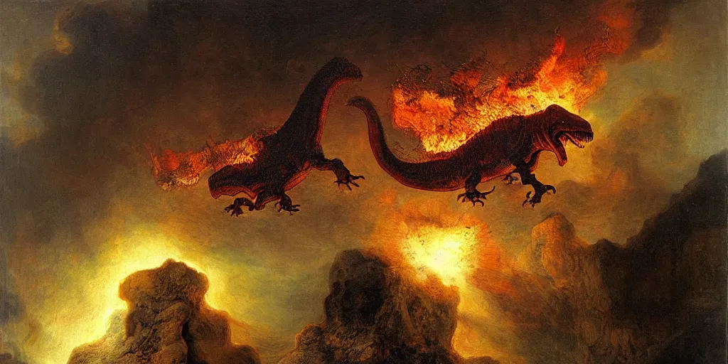 Prompt: T-rex roaring in fear as a flaming asteroid hits earth, sending rocks flying around, by Rembrandt, oil on canvas