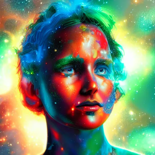 Image similar to improbability, octane render, portrait made of paint, splashes of colors, galaxy comic book art