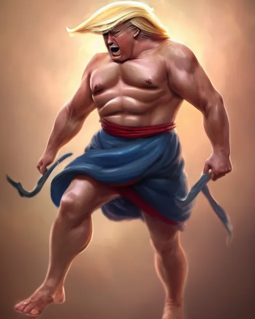 Image similar to character concept art of donald trump as poseidon in a dynamic pose | cute - fine face, pretty face, realistic shaded perfect face, fine details by stanley artgerm lau, wlop, rossdraws, james jean, andrei riabovitchev, marc simonetti, and sakimichan, tranding on artstation