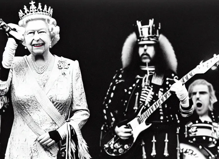 Image similar to publicity photo still of queen elizabeth in a death metal band playing live on stage, 8 k, live concert lighting, mid shot