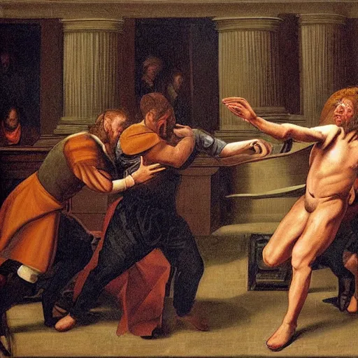 Image similar to three clones of Alex Jones of InfoWars fighting in a courtroom, renaissance painting, extremely detailed