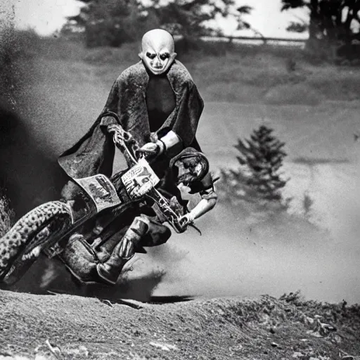 Image similar to nosferatu is riding a motocross, sport photography