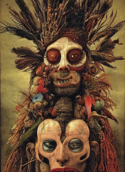 Image similar to a surreal painting of a shaman's face, by Giuseppe Arcimboldo, angels & demons, symbolist, soft colors, dramatic lighting, smooth, sharp focus, extremely detailed, aesthetically pleasing composition