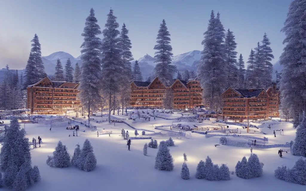 Prompt: finnish ski resort architectural visualization, hotel, winter scene, cozy, corona render, rendered in vray, evening light, lakeside, dof, mountainous landscape, pine forest, evermotion, ronen bekerman, contest winner, archviz, peter guthrie, ultradetailed, photorealistic, photoreal, photography, mir. no,