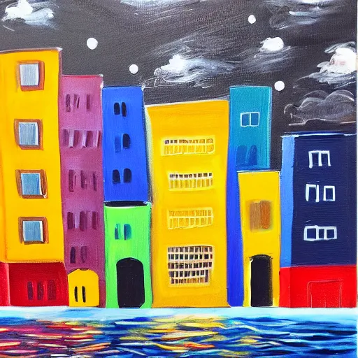 Prompt: realistic painting of a city skyline with colorful buildings and a black night sky reflecting on the water
