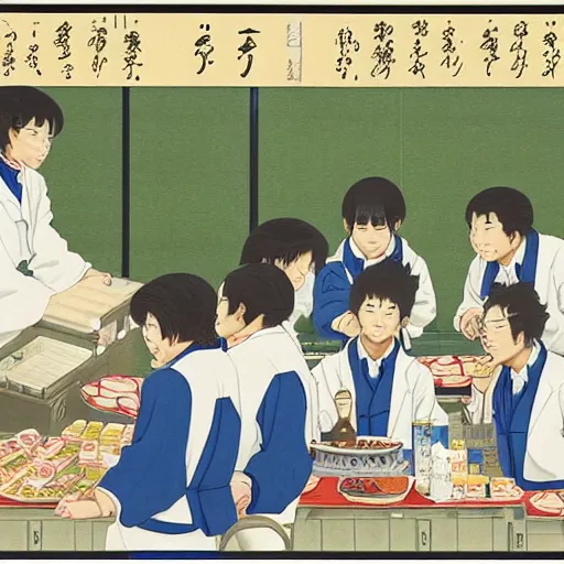 Prompt: chemists in white coats are eating a giant roll, hasui kawase