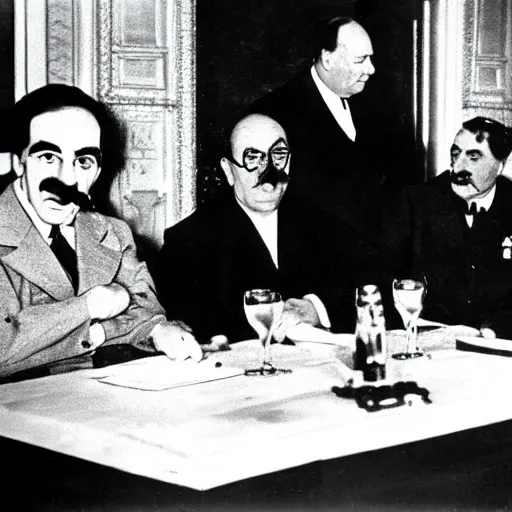 Prompt: groucho marx with winston churchill and stalin sitting at the yalta conference, photograph from 1 9 4 5