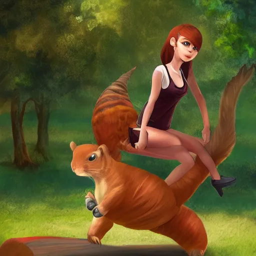 Image similar to girl riding a giant squirrel in the park, trending on artstation