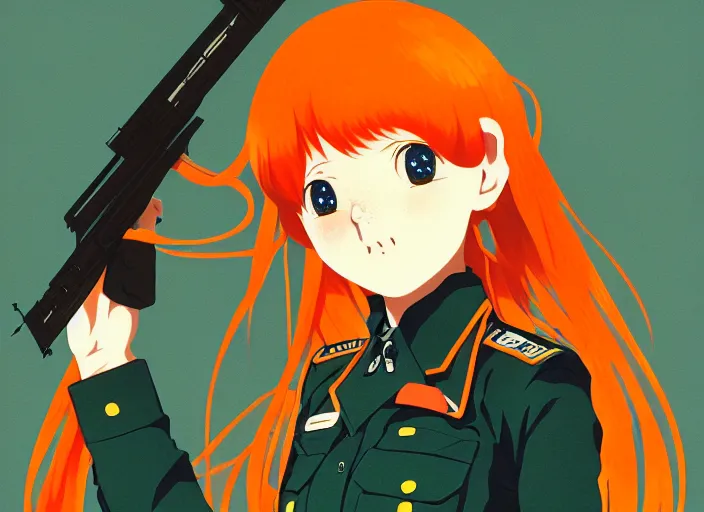 Image similar to anime girl with orange hair in the soviet military form, manga, katsura masakazu, intricate, detailed, studio lighting, gradation, editorial illustration, matte print, ilya kuvshinov, concept art, digital
