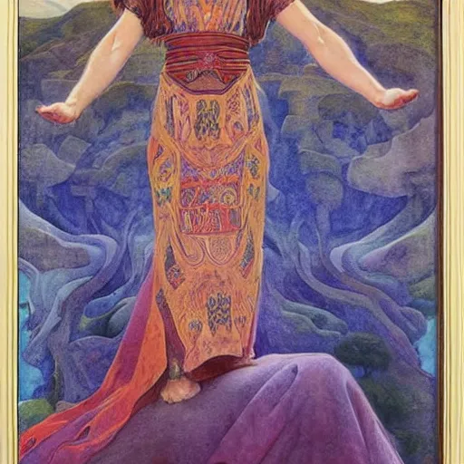 Image similar to queen of the dawn mountains, by annie swynnerton and charlie bowater and diego rivera and nicholas roerich and jean delville, dramatic lighting, brocade robes, elaborate floral ornament, rich colors, smooth sharp focus, extremely detailed