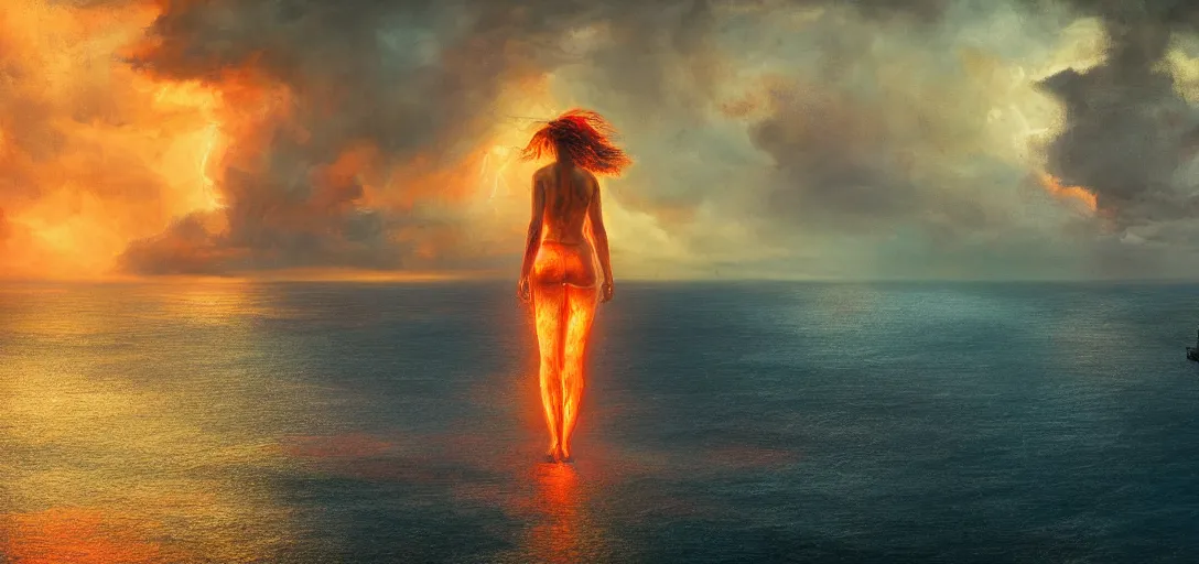 Image similar to aerial painting of a giant beautiful female, standing in the middle of the ocean, the sky is on fire. neill blomkamp cinematography, atmospheric lightning, godray, concept art, in the style of bob byerley, 8 k high details