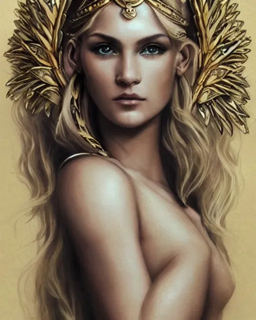 Image similar to tattoo design sketch of hot blonde super model as aphrodite greek goddess wearing a gold laurel wreath and triangle earrings, beautiful piercing gaze with sharp pupils, in the style of greg rutkowski, fantasy, amazing detail, epic, elegant, smooth, sharp focus, front view