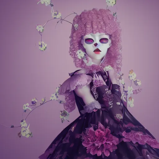 Image similar to 8 k, octane render, realism, tonalism, renaissance, rococo, baroque, cotton candy, portrait of a creepy young lady wearing long - harajuku manga - dress with flowers and skulls