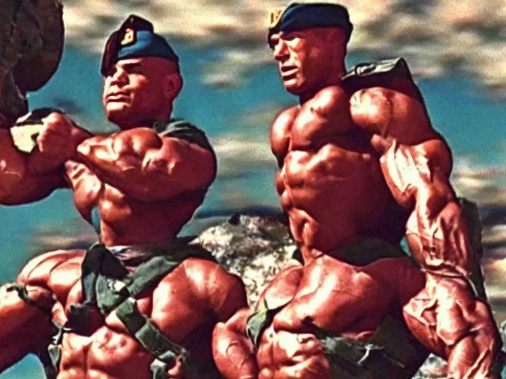 Image similar to vintage 90s VHS video still of a muscular soldier promoting Bagdad, retro TV, noise, hue