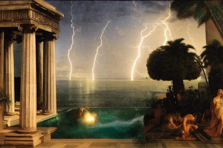 Image similar to mediterranean balustrade and columns, refracted lightnings on the ocean, thunderstorm, fountain, greek pool, beach and Tropical vegetation on the background major arcana sky and occult symbols, by paul delaroche, hyperrealistic 4k uhd, award-winning, very detailed paradise