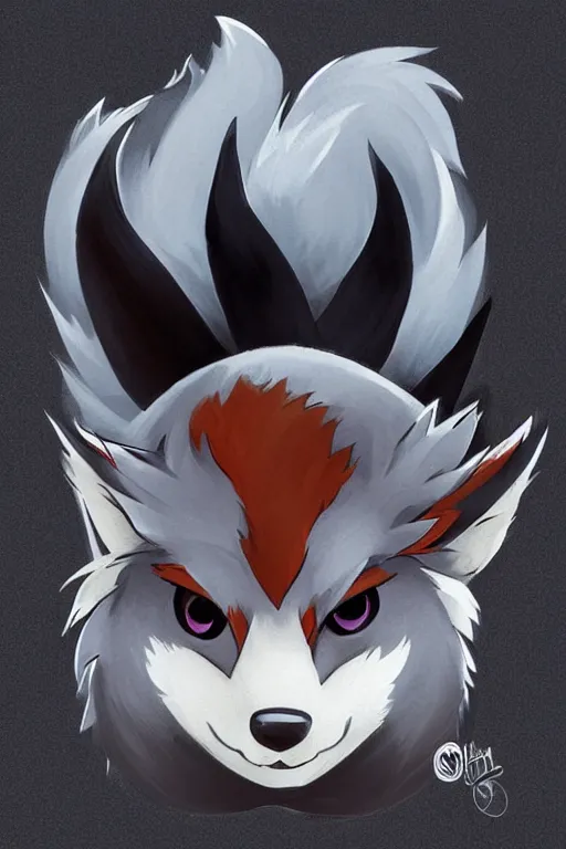 Image similar to zorua pokemon, stylised fox - like appearance, black and auburn colour pallet, thick furry neck and chest fluff, stylised paintbrush end with ink on top of head as hair, pokemon concept art multiple angles, super detailed, clean lines, digital art