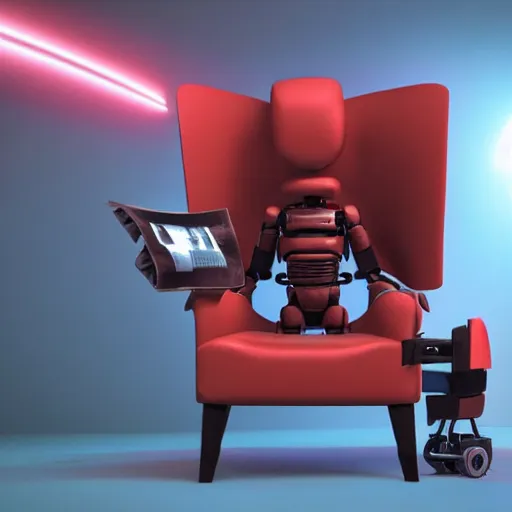 Image similar to futuristic lonely matte brown and red full-body humanoid robot with two huge round expressive sad purple glowing LED eyes and open rectangular mouth sitting on a large comfortable cushioned 1950s vintage recliner reading a newspaper. open newspaper. Cinematic Movie Photograph, Arri Alexa, Extremely Detailed, smooth, very very clean, 8K, octane render, maya render, unreal engine, trending on artstation, DSLR, excellent composition, center frame