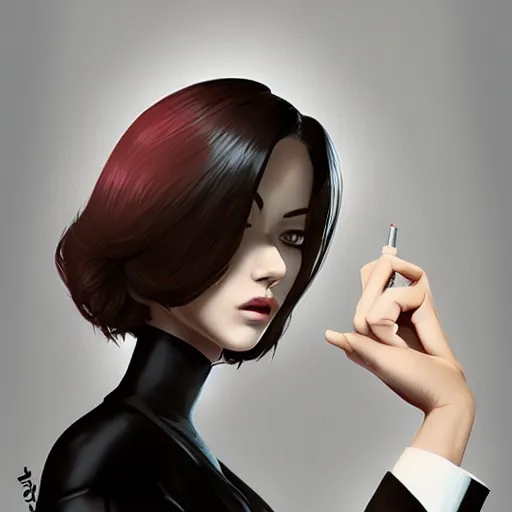 Image similar to slim mafia girl in tuxedo with black bob hair, elegant, 2d, ultra highly detailed, digital painting, smooth, sharp focus, artstation, art by Ilya Kuvshinov