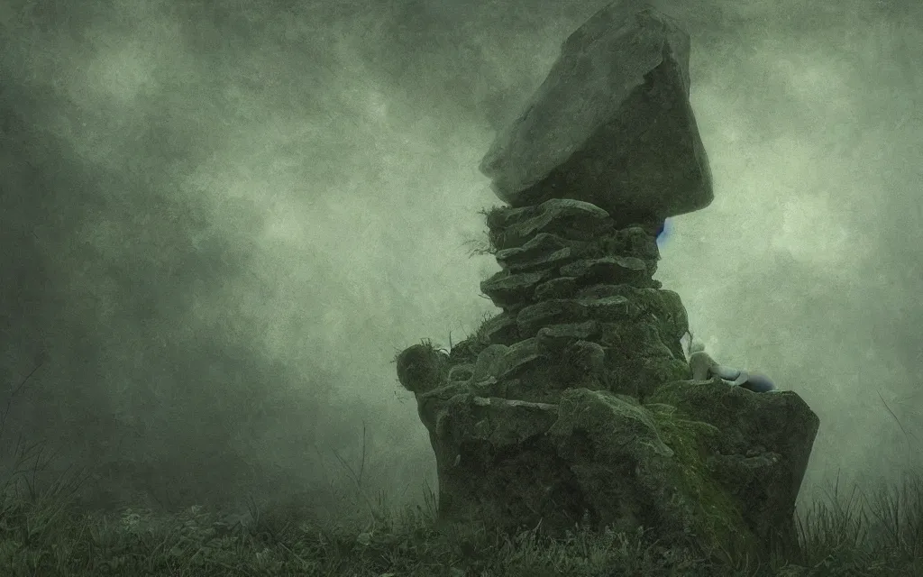 Prompt: the sleeping stone prince submerged in shadow and mist overgrown garden (melancholy), exquisite painting, moody colors chromatic aberration