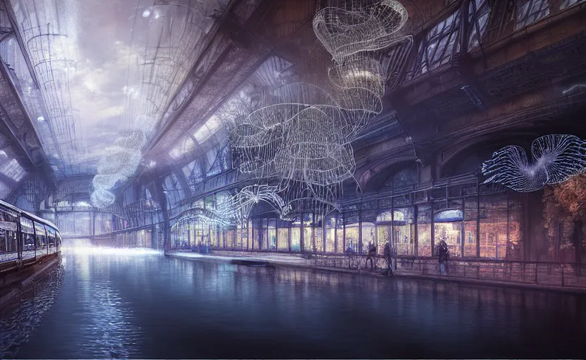 Prompt: an urban train rides inside of a waterway on a fantasy city. intricate, centered, amazing composition by amano yoshitaka, by rembrandt, illustrious makinami, digital art, digital painting, artstation trending, unreal engine, fractal flame, transparent jellyfish, transparent feathers, bio luminescent, ice, water, leds