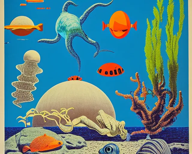 Image similar to 1976 science fiction poster, cut out, nouvelle vague, beach on the outer rim, epic theater, tropical sea creatures, aquatic plants, drawings in style of Terry Gilliam, composition William S Boroughs, written by Michael Ende