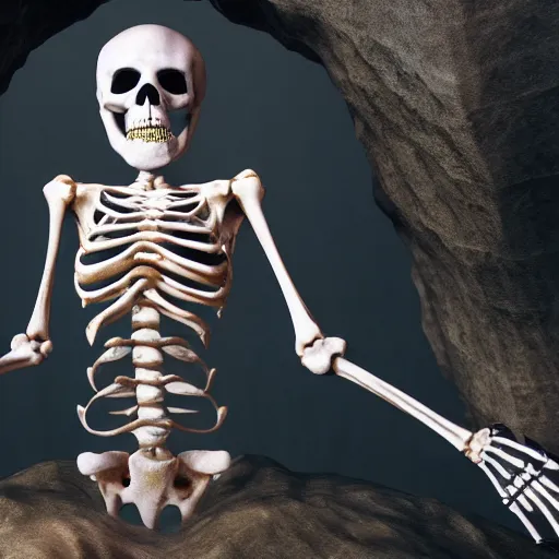 Image similar to a skeleton holding a latern in cave, hyper detailed, high quality, 8k, fantasy